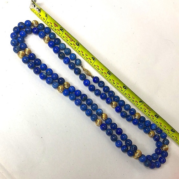 VINTAGE Lapis Lazuli 14k Gold Sculpted Beads & Clasp Hand Knotted Necklace - Picture 11 of 17